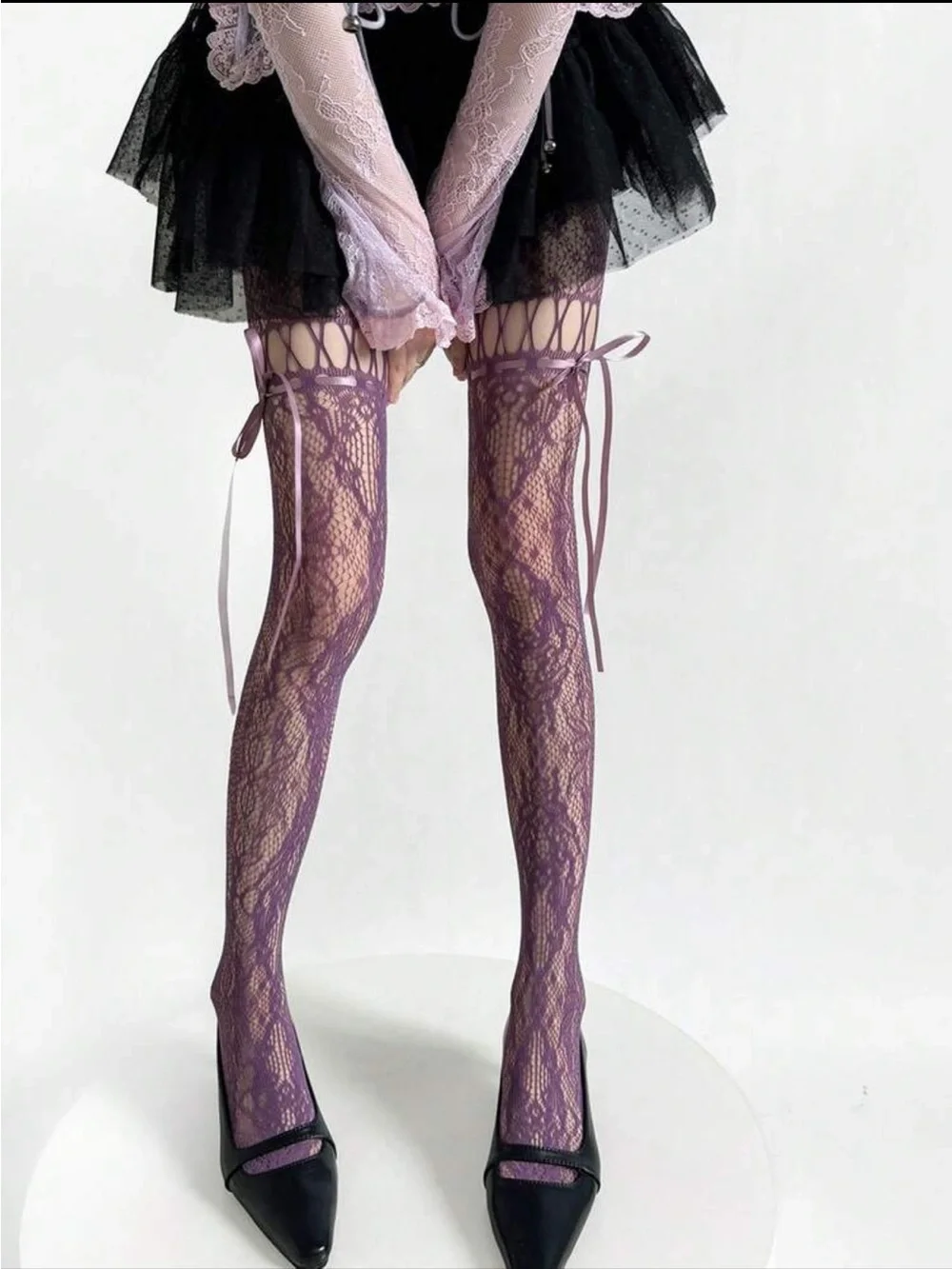 Lace tights with Ribbon Tie - Purple